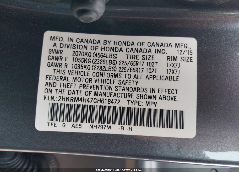 2016 HONDA CR-V SE VIN: 2HKRM4H47GH618472
