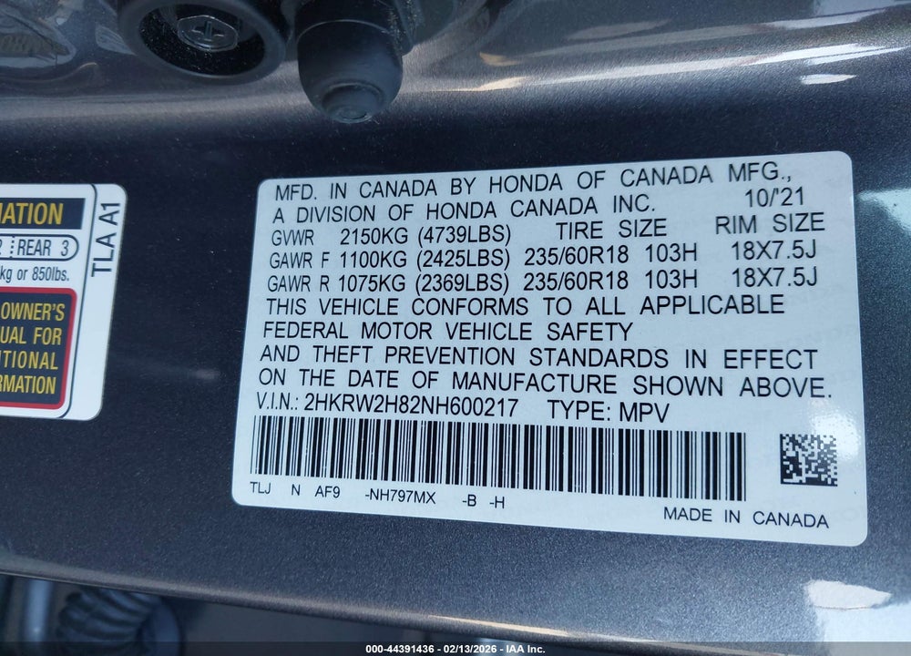 2022 HONDA CR-V AWD EX-L VIN: 2HKRW2H82NH600217