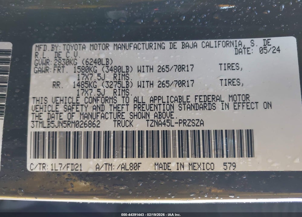 2024 TOYOTA TACOMA TRD OFF ROAD VIN: 3TMLB5JN5RM026862