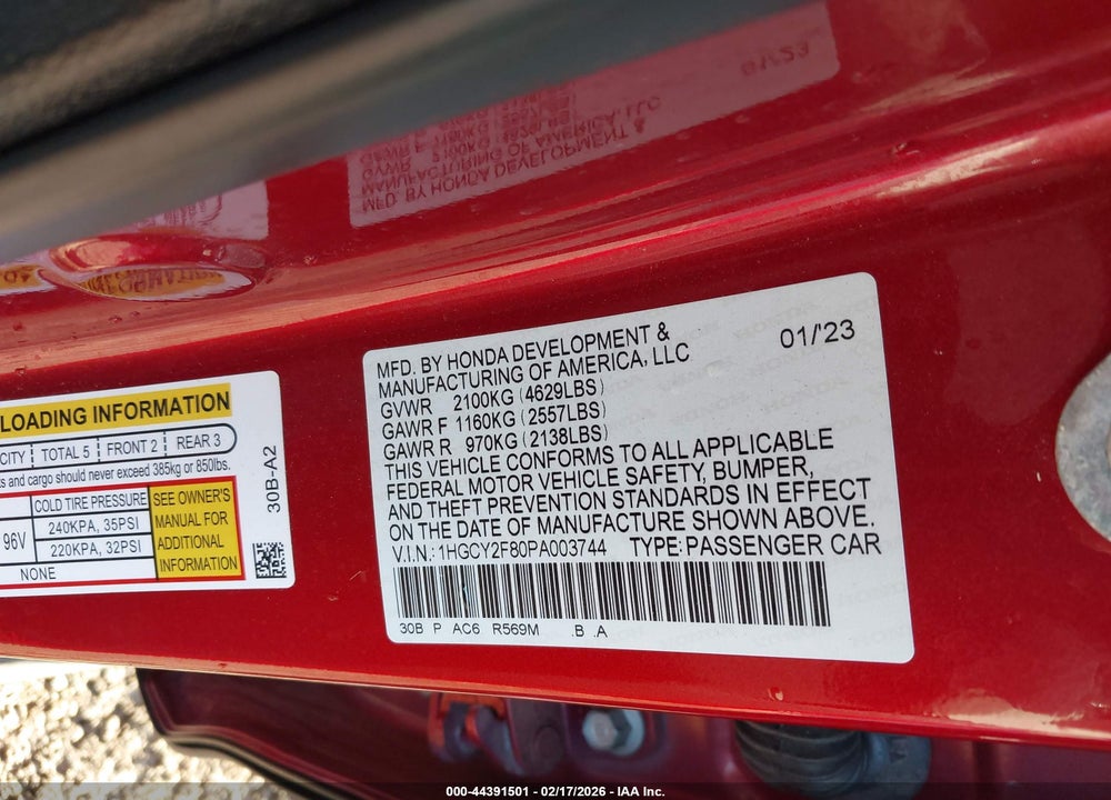 2023 HONDA ACCORD HYBRID TOURING VIN: 1HGCY2F80PA003744