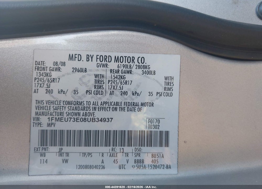 2008 FORD EXPLORER XLT VIN: 1FMEU73E08UB34937
