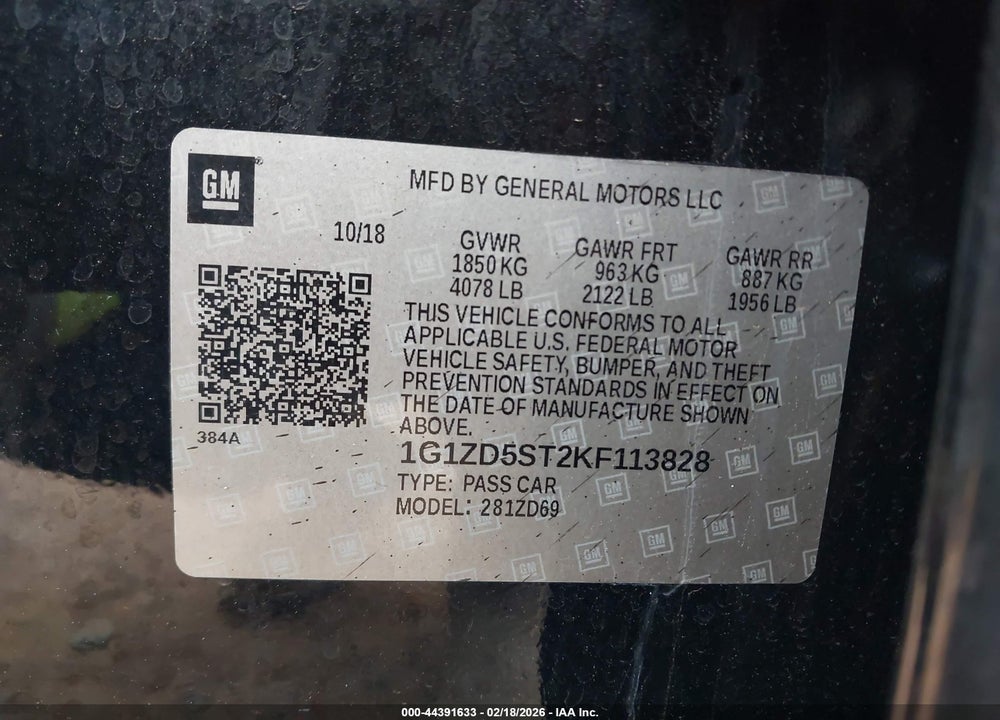 2019 CHEVROLET MALIBU LT VIN: 1G1ZD5ST2KF113828