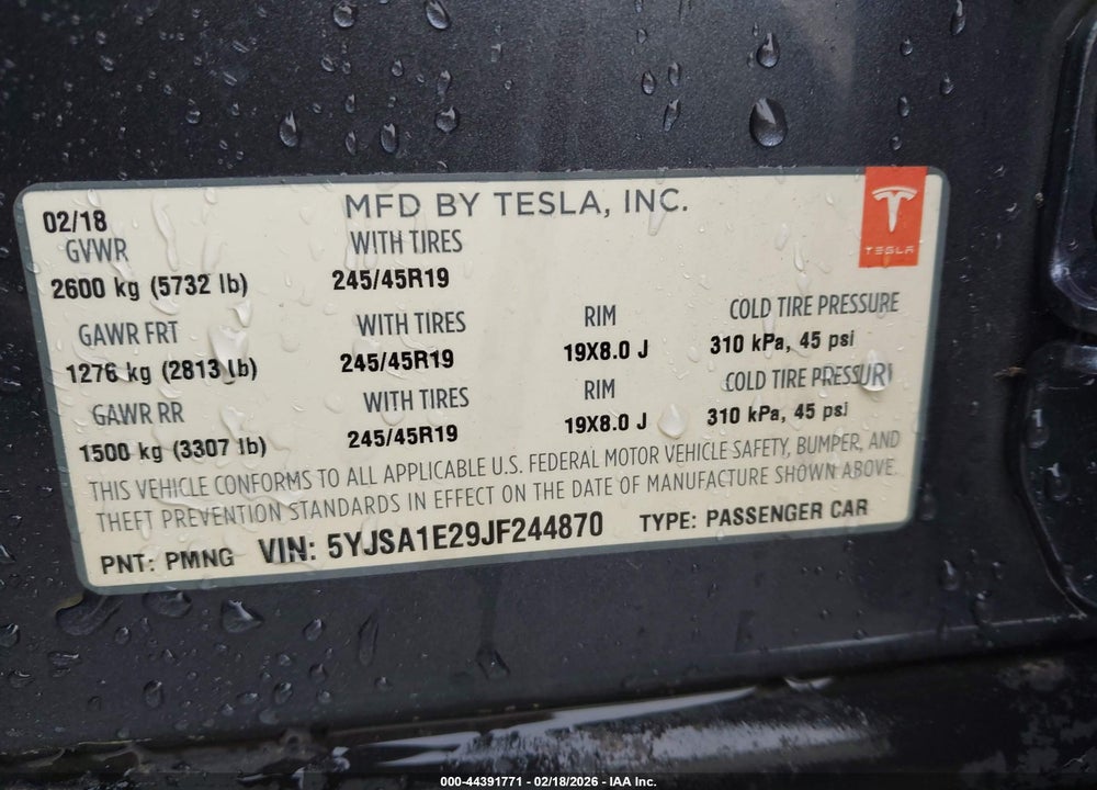 2018 TESLA MODEL S 100D/75D/P100D VIN: 5YJSA1E29JF244870