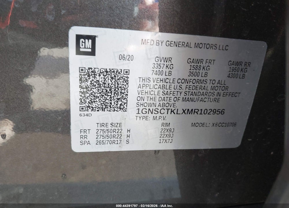 2021 CHEVROLET TAHOE 2WD HIGH COUNTRY VIN: 1GNSCTKLXMR102956