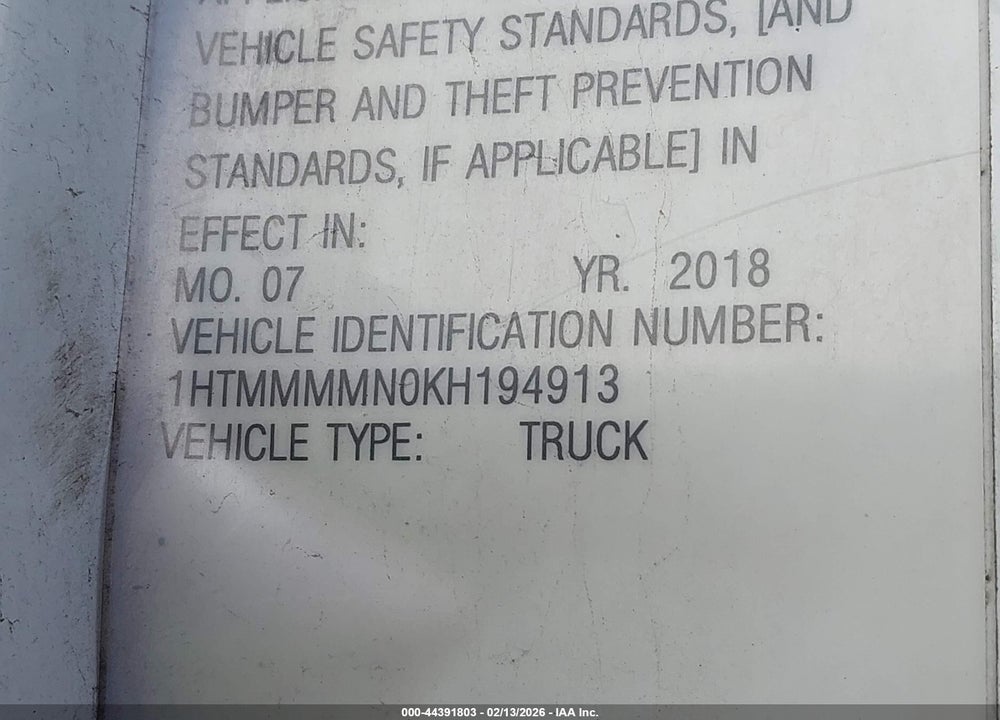 2019 INTERNATIONAL DURASTAR 4300 VIN: 1HTMMMMN0KH194913