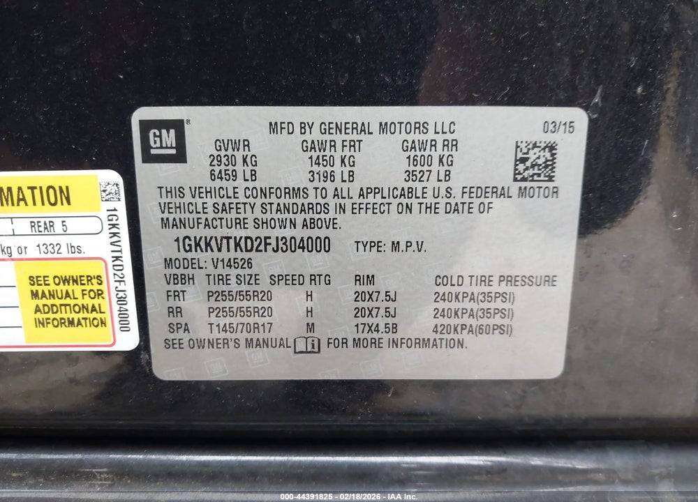 2015 GMC ACADIA DENALI VIN: 1GKKVTKD2FJ304000