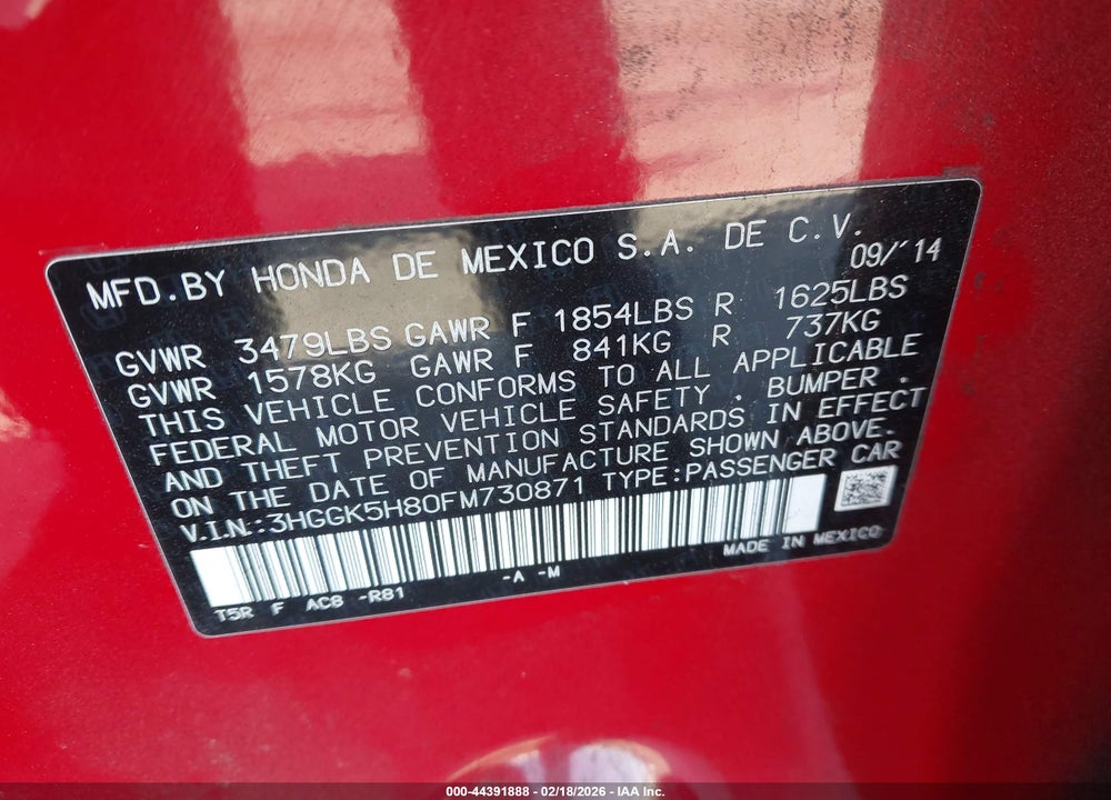 2015 HONDA FIT EX/EX-L VIN: 3HGGK5H80FM730871