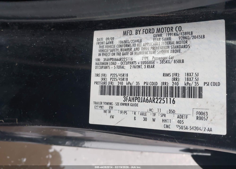 2010 FORD FUSION SEL VIN: 3FAHP0JA6AR225116
