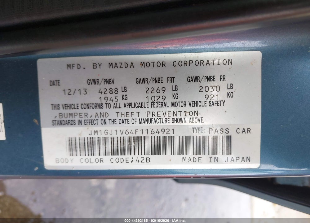 2015 MAZDA 6 I TOURING VIN: JM1GJ1V64F1164921