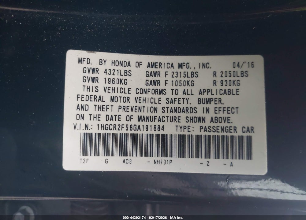 2016 HONDA ACCORD SPORT VIN: 1HGCR2F58GA191884