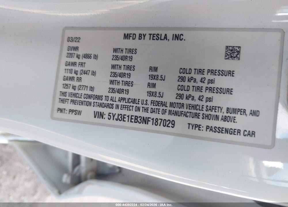 2022 TESLA MODEL 3 LONG RANGE DUAL MOTOR ALL-WHEEL DRIVE VIN: 5YJ3E1EB3NF187029
