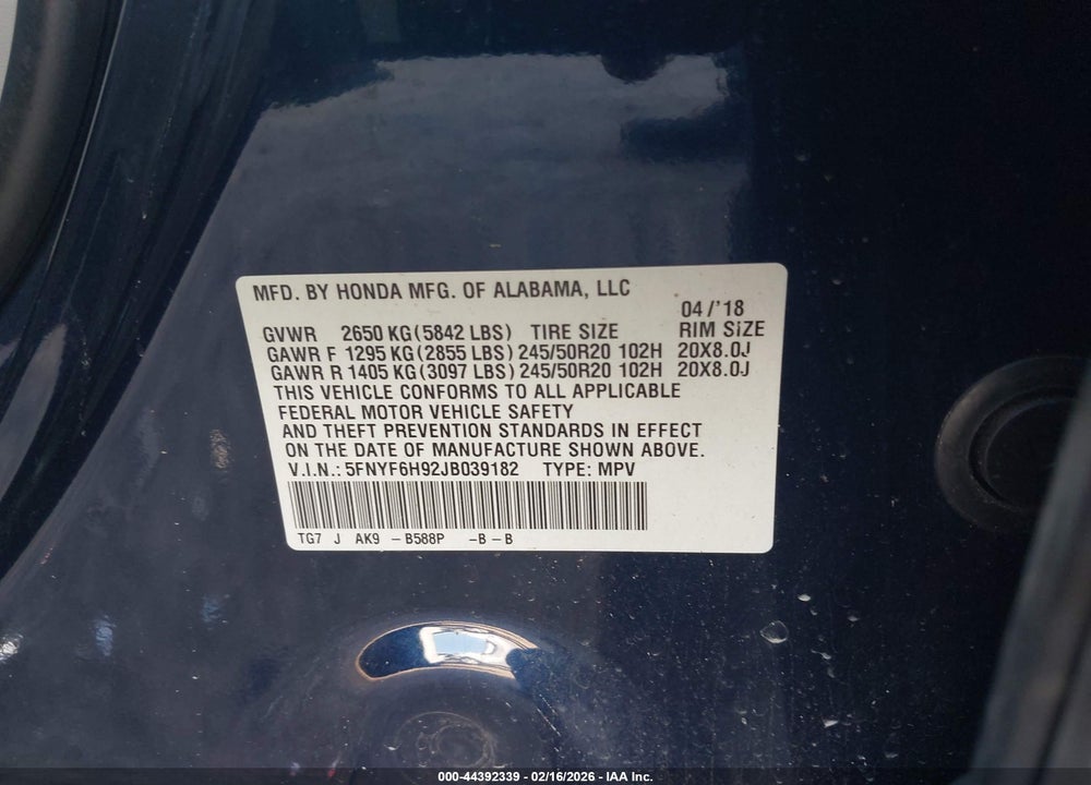 2018 HONDA PILOT TOURING VIN: 5FNYF6H92JB039182