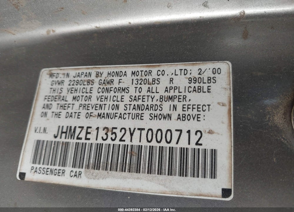 2000 HONDA INSIGHT VIN: JHMZE1352YT000712
