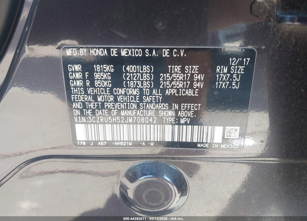 2018 HONDA HR-V EX VIN: 3CZRU5H52JM708042