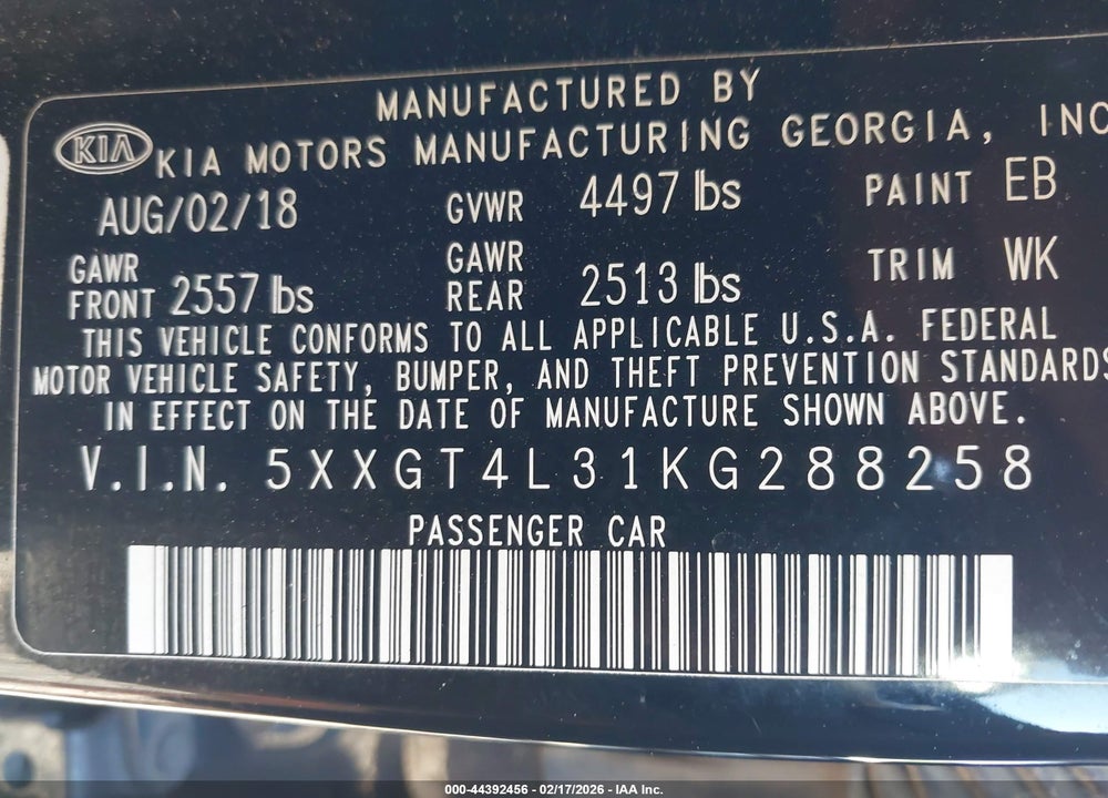 2019 KIA OPTIMA S VIN: 5XXGT4L31KG288258