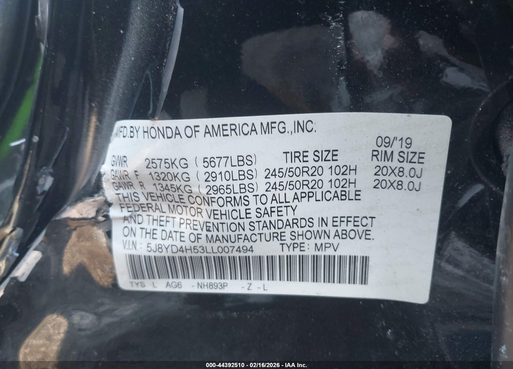 2020 ACURA MDX TECHNOLOGY PACKAGE VIN: 5J8YD4H53LL007494