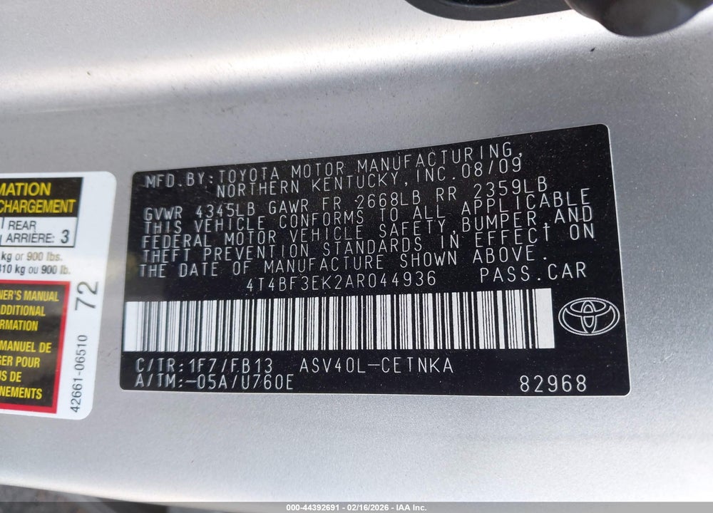 2010 TOYOTA CAMRY LE VIN: 4T4BF3EK2AR044936