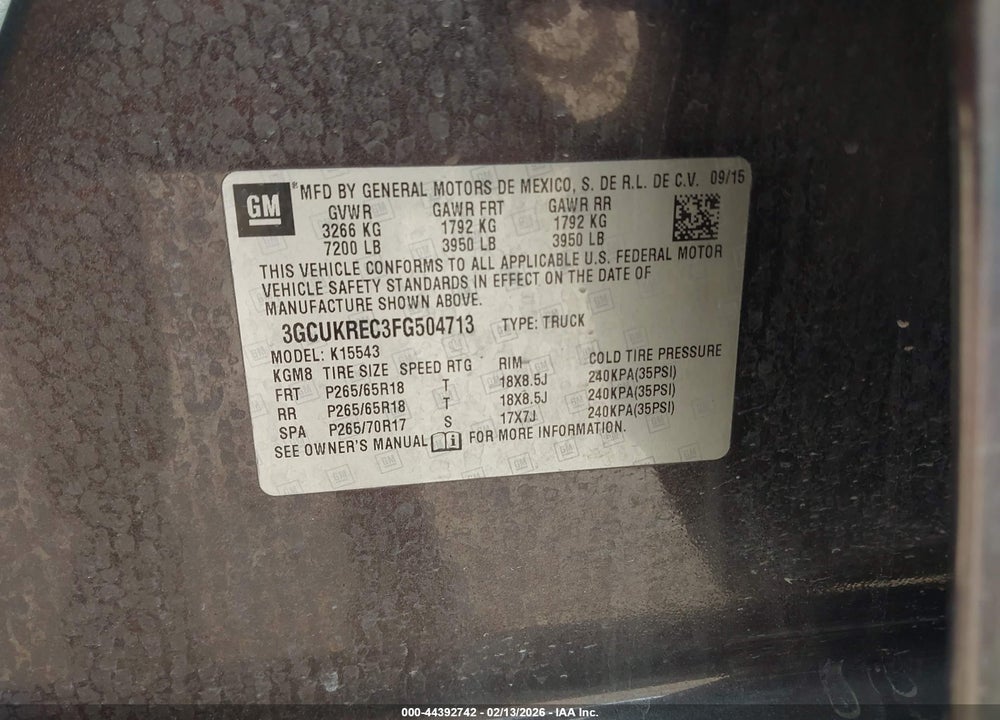2015 CHEVROLET SILVERADO 1500 2LT VIN: 3GCUKREC3FG504713