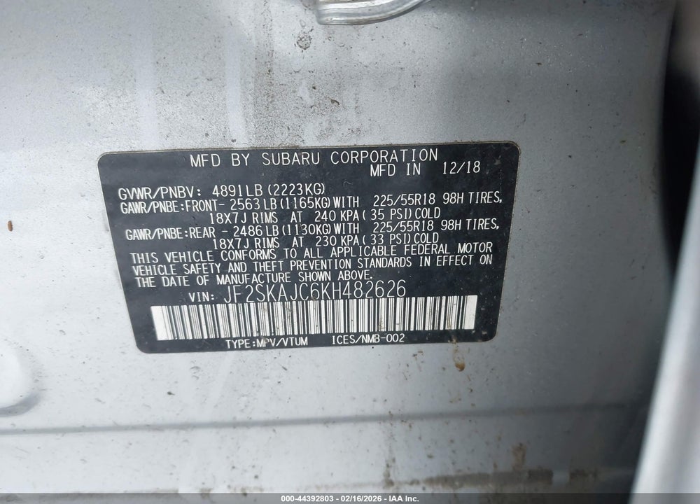 2019 SUBARU FORESTER SPORT VIN: JF2SKAJC6KH482626
