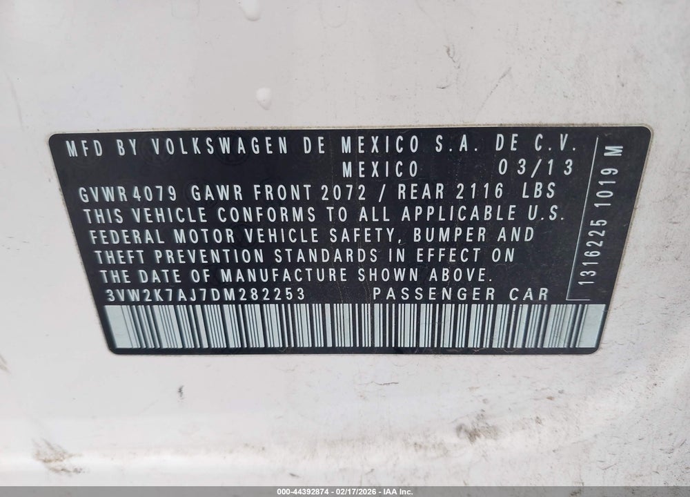 2013 VOLKSWAGEN JETTA 2.0L S VIN: 3VW2K7AJ7DM282253