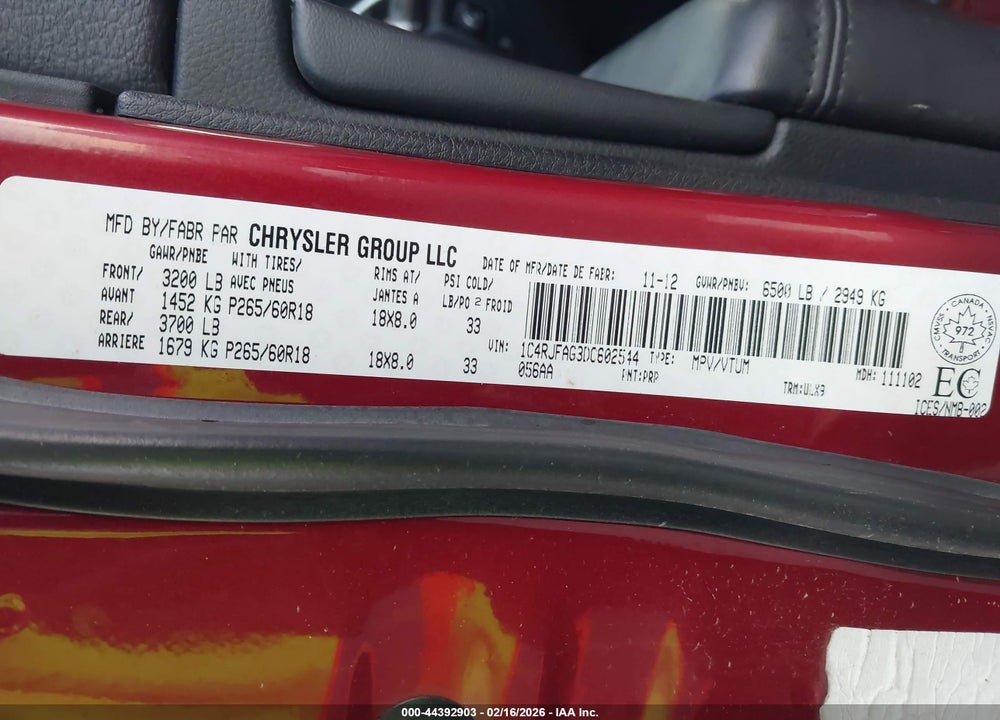 2013 JEEP GRAND CHEROKEE LAREDO VIN: 1C4RJFAG3DC602544