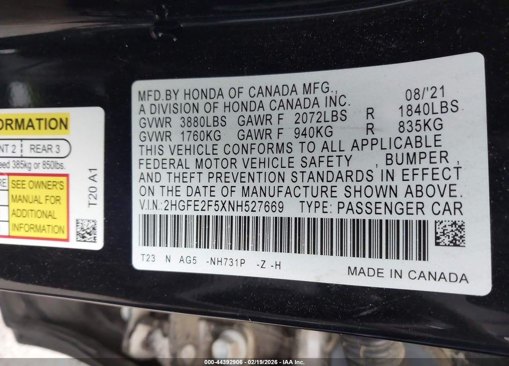 2022 HONDA CIVIC SPORT VIN: 2HGFE2F5XNH527669