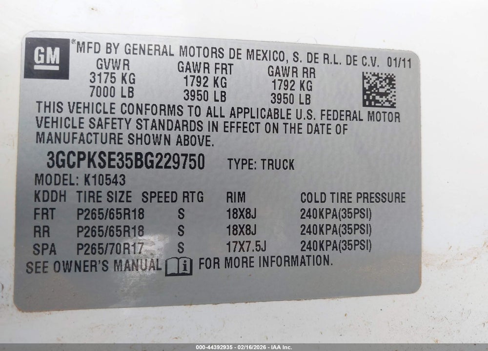 2011 CHEVROLET SILVERADO 1500 LT VIN: 3GCPKSE35BG229750