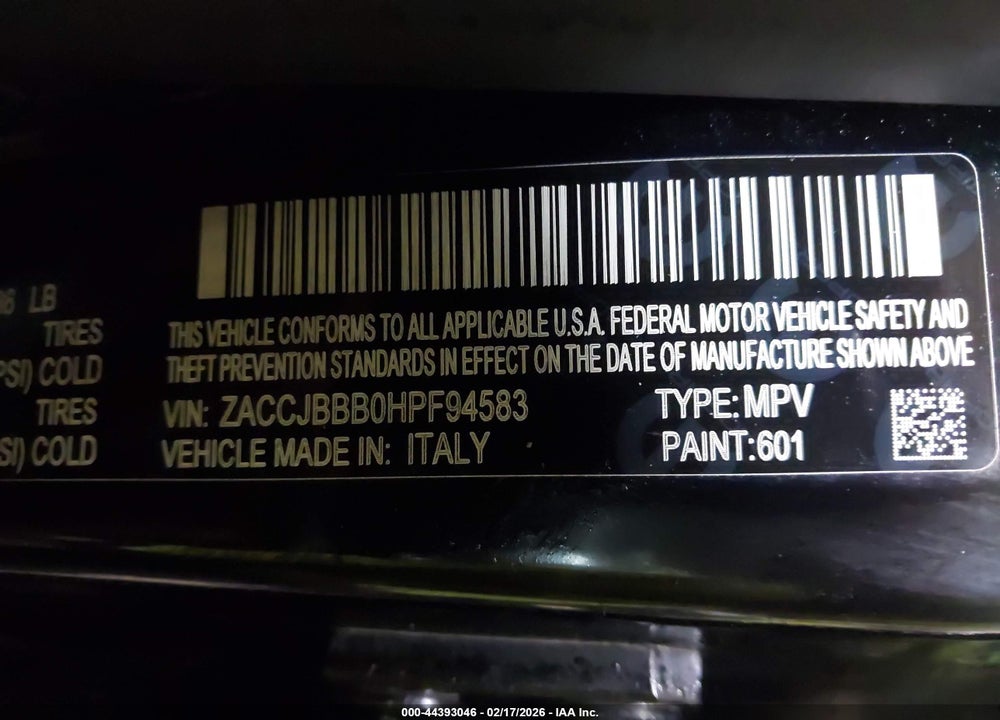 2017 JEEP RENEGADE ALTITUDE 4X4 VIN: ZACCJBBB0HPF94583