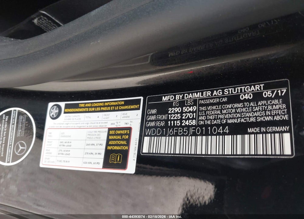 2018 MERCEDES-BENZ E 400 VIN: WDD1J6FB5JF011044