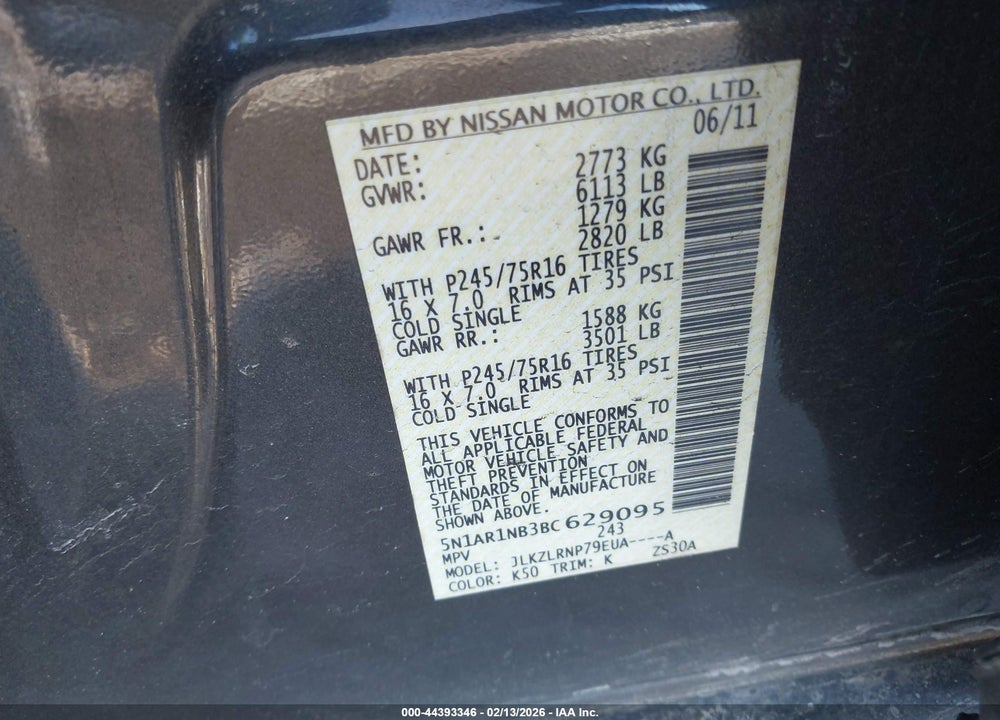 2011 NISSAN PATHFINDER S VIN: 5N1AR1NB3BC629095