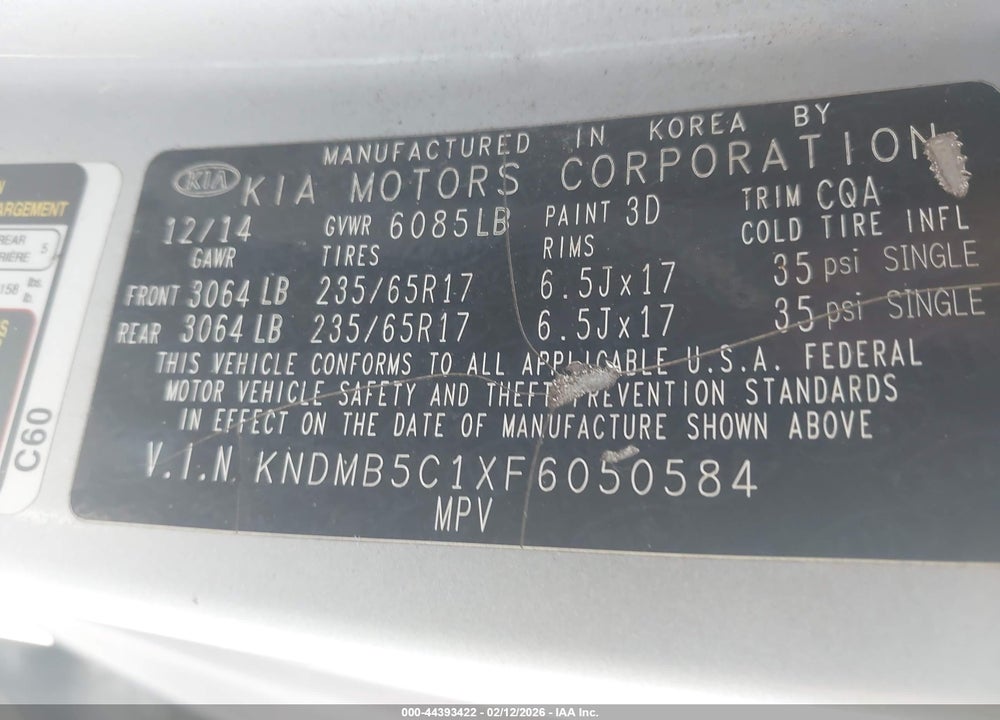 2015 KIA SEDONA LX VIN: KNDMB5C1XF6050584