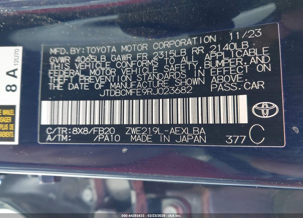2024 TOYOTA COROLLA HYBRID LE VIN: JTDBCMFE9RJ023682