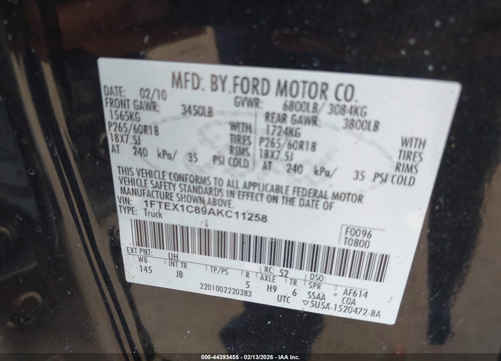 2010 FORD F-150 FX2 SPORT/STX/XL/XLT VIN: 1FTEX1C89AKC11258