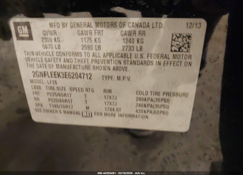 2014 CHEVROLET EQUINOX LS VIN: 2GNFLEEK3E6204712