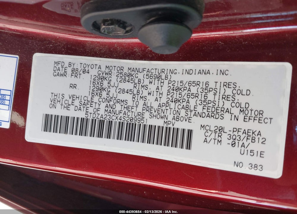 2004 TOYOTA SIENNA CE/LE VIN: 5TDZA23CX4S209951