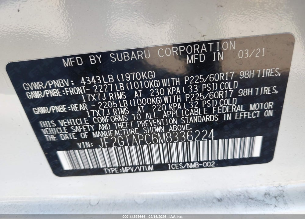 2021 SUBARU CROSSTREK PREMIUM VIN: JF2GTAPC6M8336224