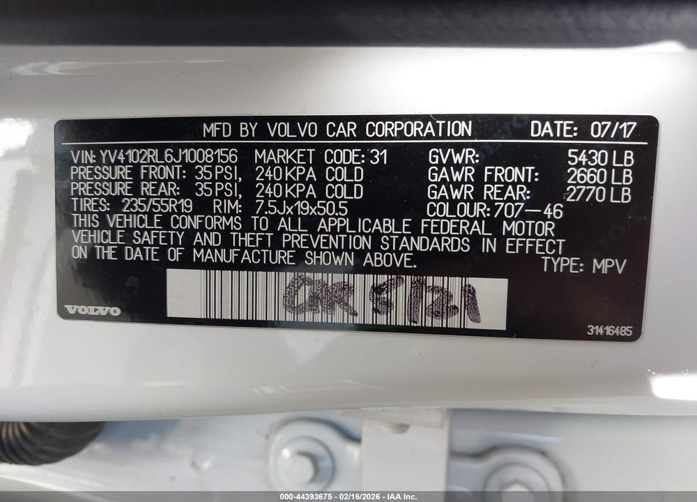 2018 VOLVO XC60 T5 INSCRIPTION VIN: YV4102RL6J1008156