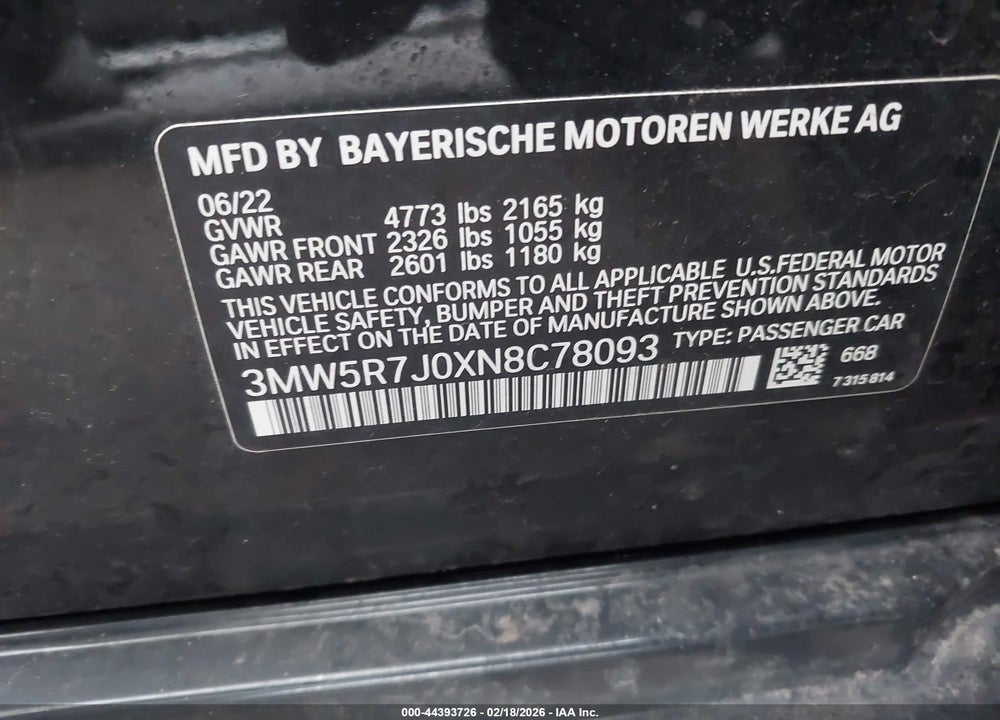 2022 BMW 330I XDRIVE VIN: 3MW5R7J0XN8C78093