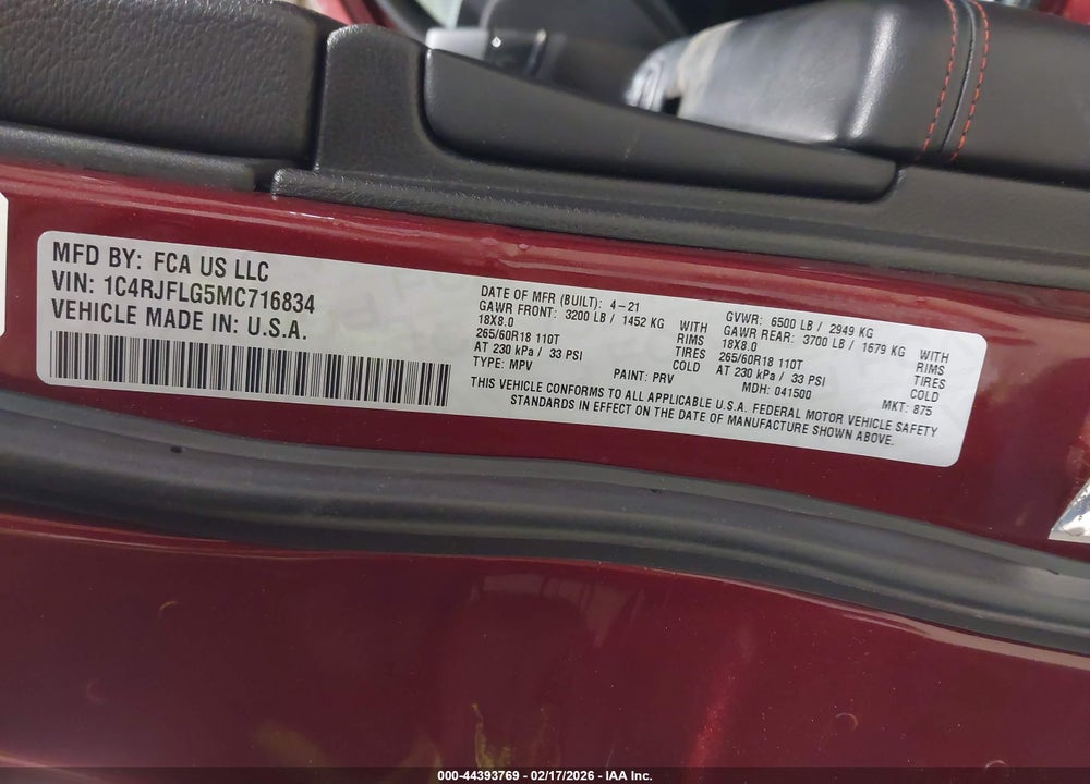 2021 JEEP GRAND CHEROKEE TRAILHAWK 4X4 VIN: 1C4RJFLG5MC716834