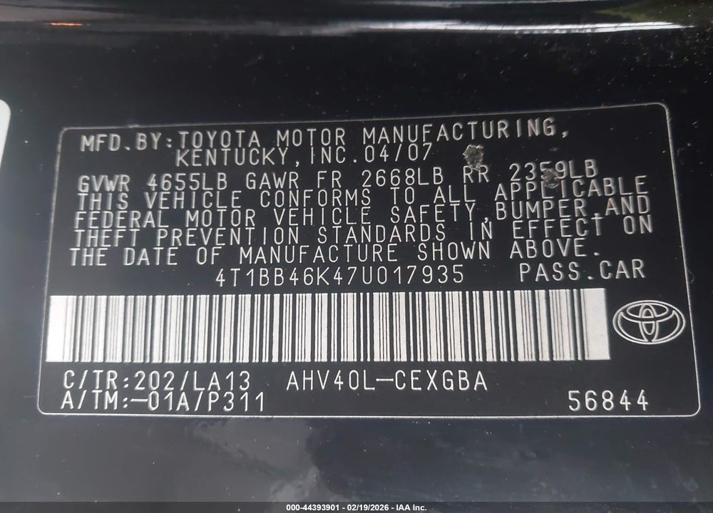 2007 TOYOTA CAMRY HYBRID VIN: 4T1BB46K47U017935