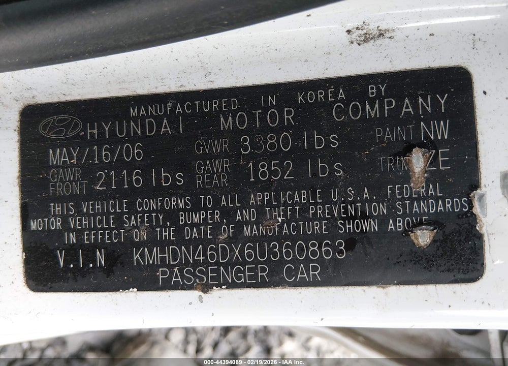 2006 HYUNDAI ELANTRA GLS/LIMITED VIN: KMHDN46DX6U360863