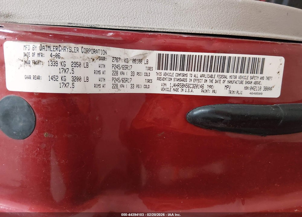 2006 JEEP GRAND CHEROKEE LIMITED VIN: 1J4HR58N56C320146