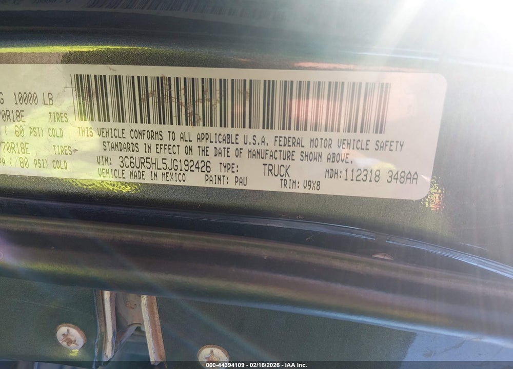 2018 RAM 2500 TRADESMAN VIN: 3C6UR5HL5JG192426