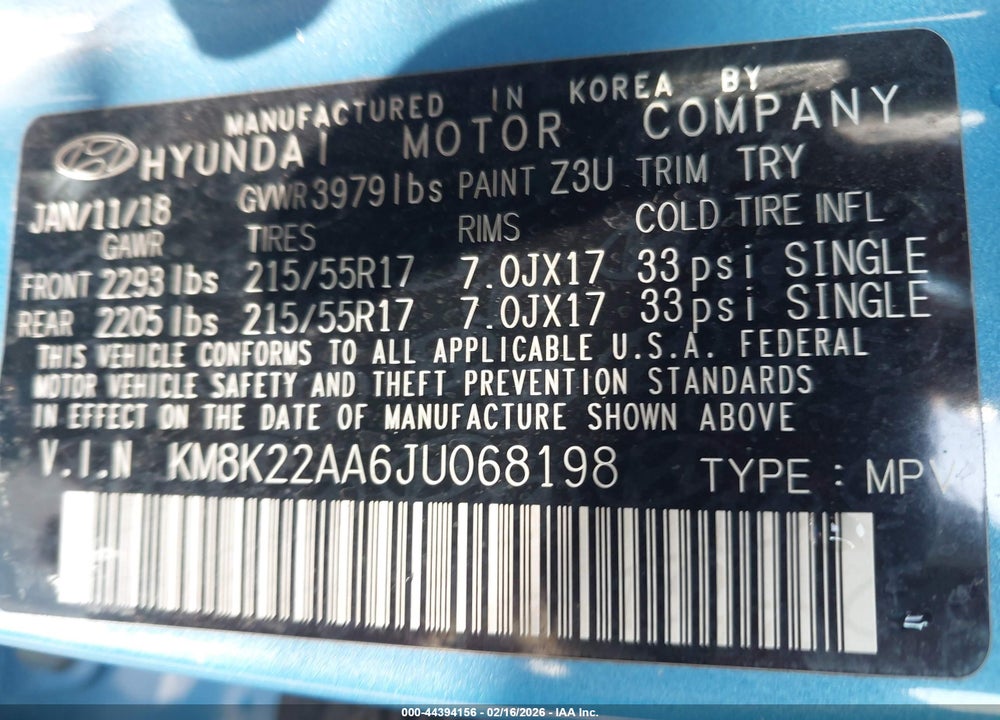 2018 HYUNDAI KONA SEL VIN: KM8K22AA6JU068198