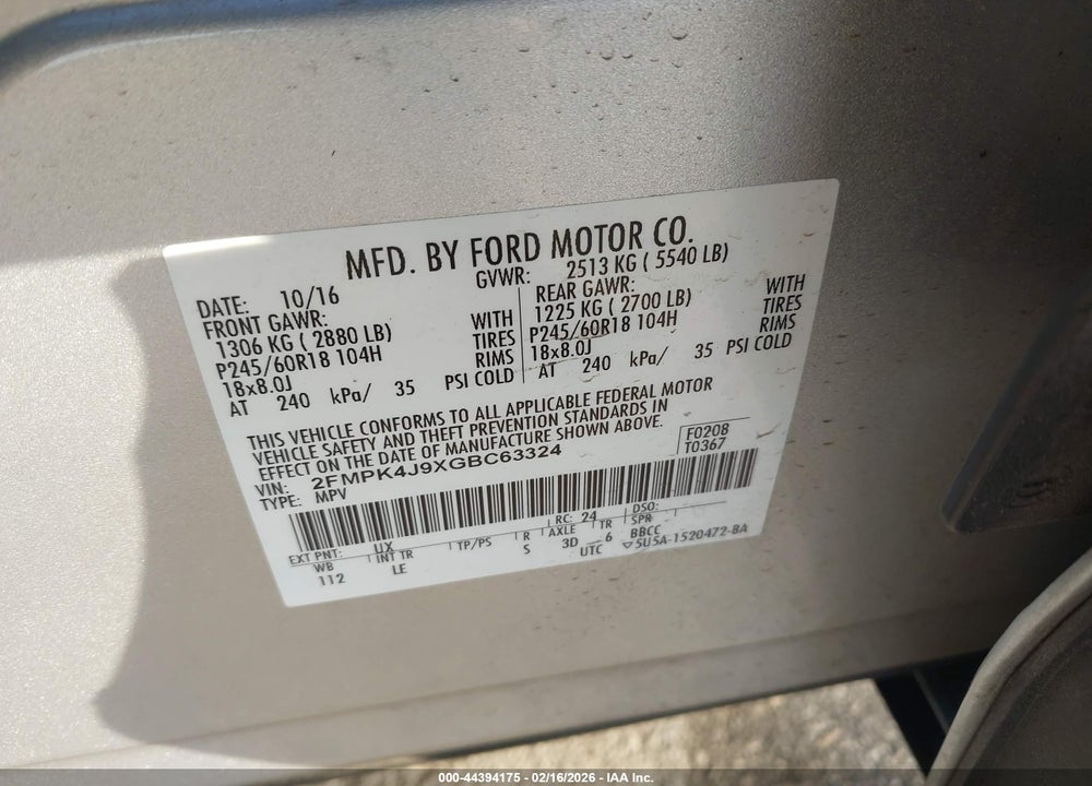 2016 FORD EDGE SEL VIN: 2FMPK4J9XGBC63324