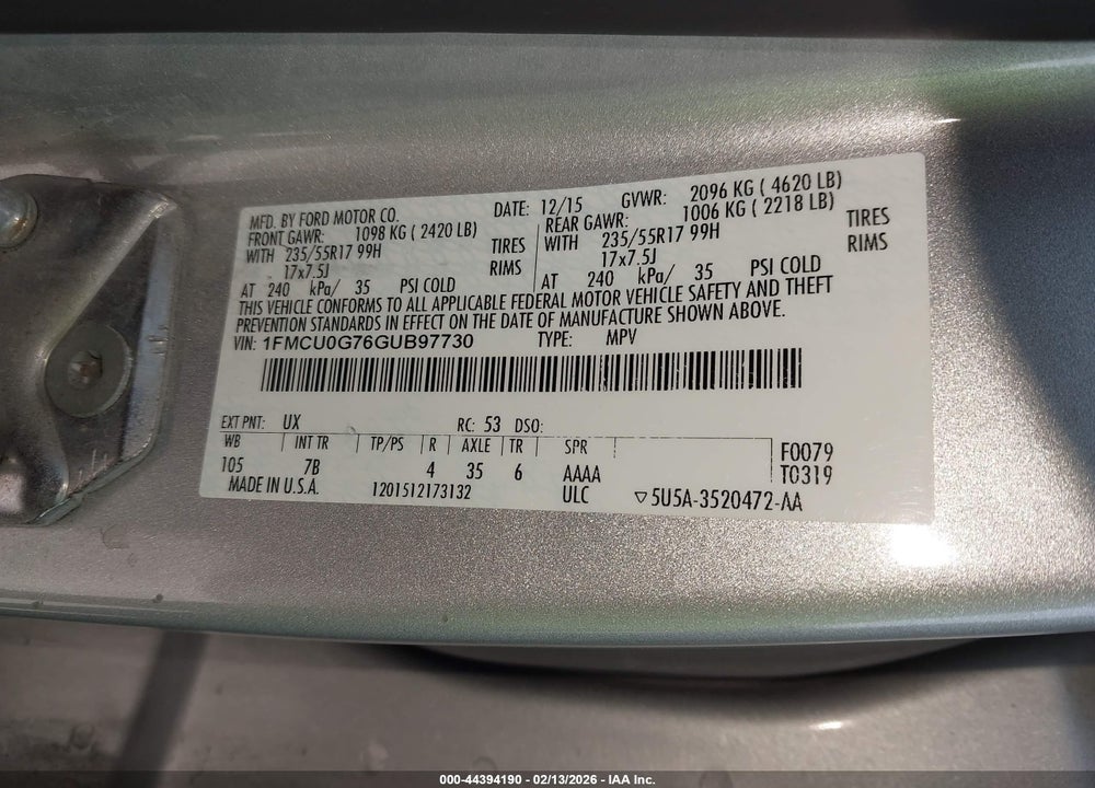 2016 FORD ESCAPE SE VIN: 1FMCU0G76GUB97730