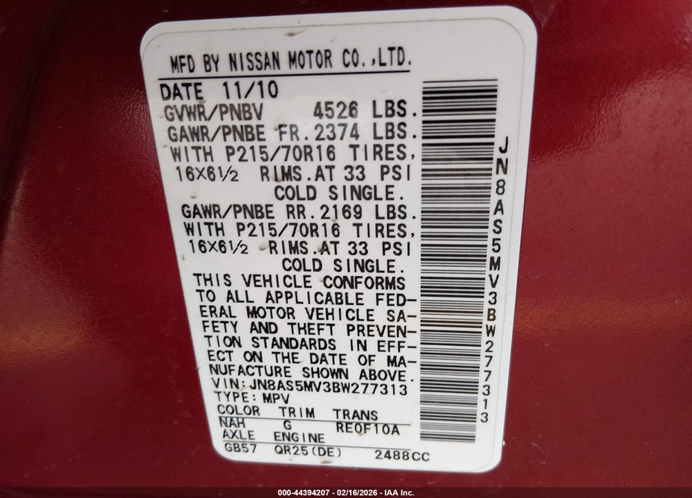 2011 NISSAN ROGUE S VIN: JN8AS5MV3BW277313