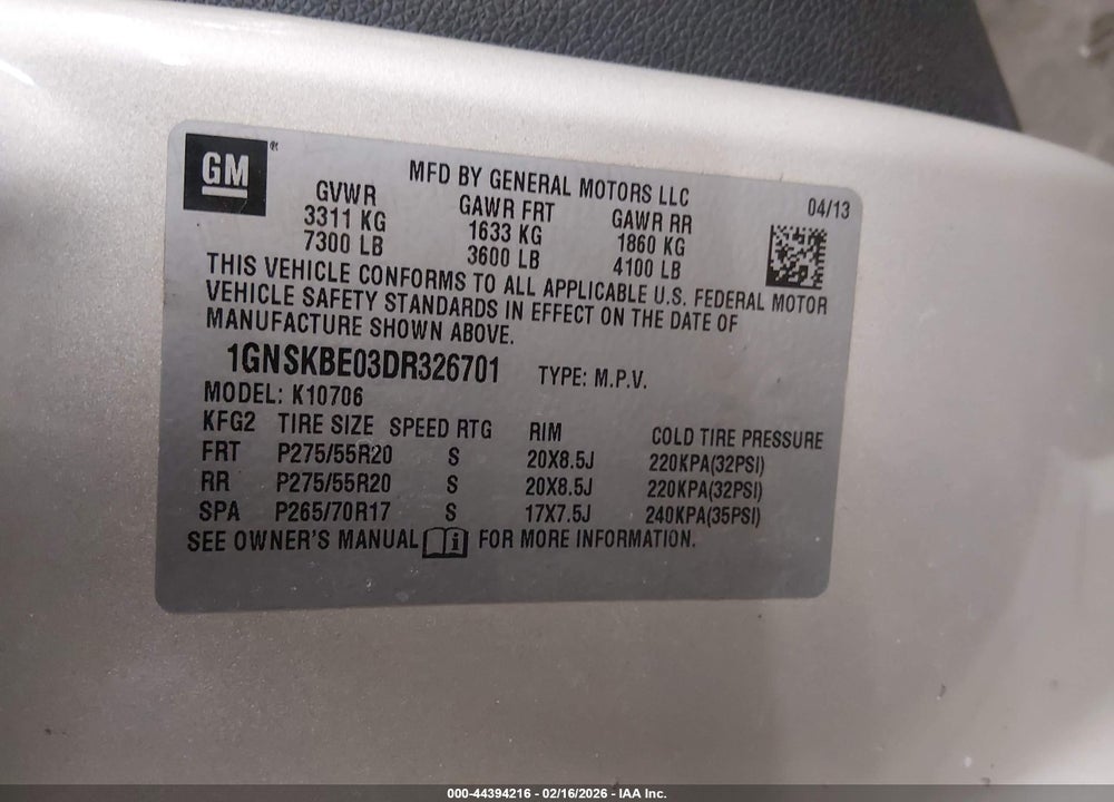 2013 CHEVROLET TAHOE LT VIN: 1GNSKBE03DR326701