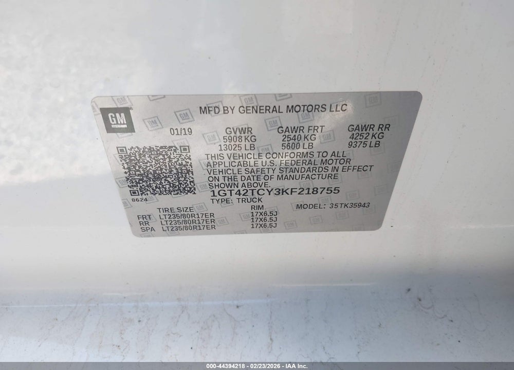 2019 GMC SIERRA 3500HD VIN: 1GT42TCY3KF218755