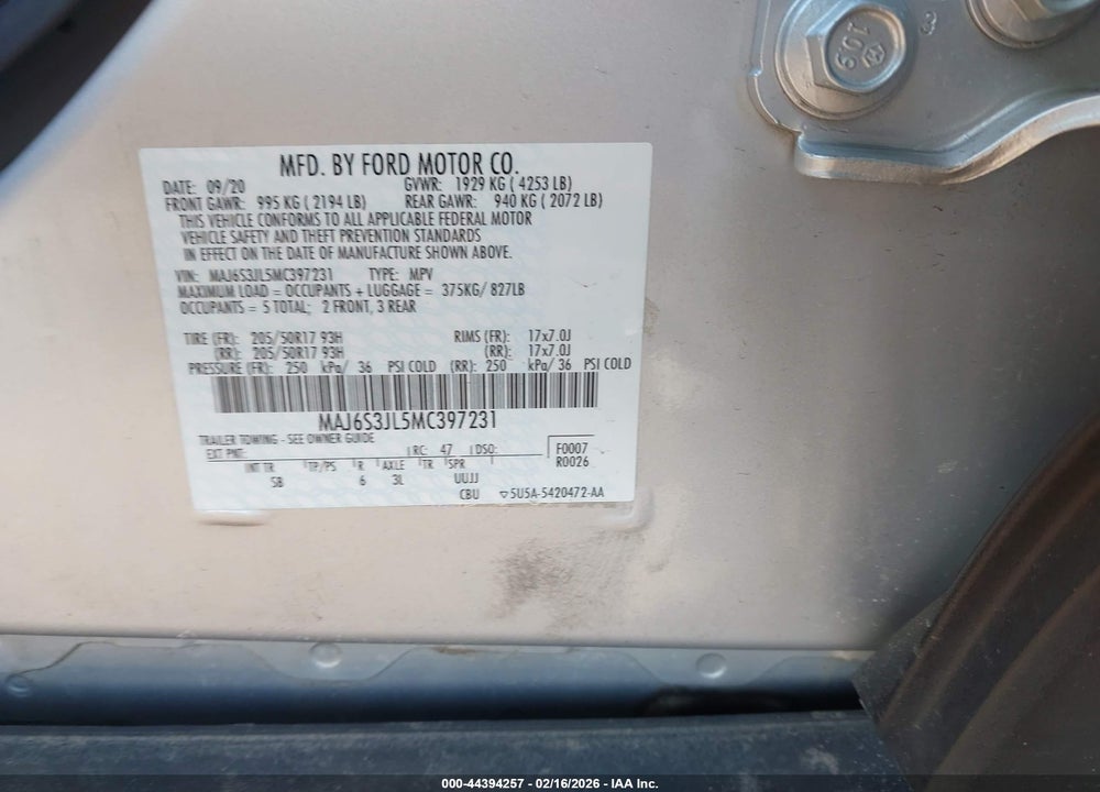 2021 FORD ECOSPORT SES VIN: MAJ6S3JL5MC397231